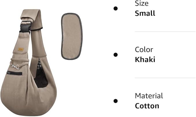CUBY Dog and Cat Sling Carrier - Hands Free Reversible Pet Papoose Bag - Soft Pouch and Tote Design - Suitable for Puppy, Small Dogs Cats Outdoor (Khaki, Unadjustable strap)