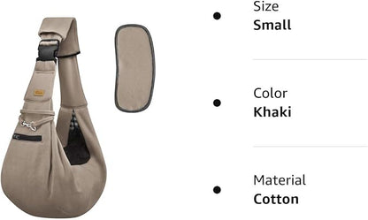 CUBY Dog and Cat Sling Carrier - Hands Free Reversible Pet Papoose Bag - Soft Pouch and Tote Design - Suitable for Puppy, Small Dogs Cats Outdoor (Khaki, Unadjustable strap)