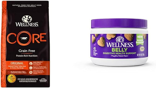 Wellness Food + Supplements Bundle: CORE Natural Grain Free Dry Dog Food, Turkey & Chicken, 4-Pound Bag Digestive Health Soft Chew Dog Supplements, Pumpkin Patch Flavored, 45 Count