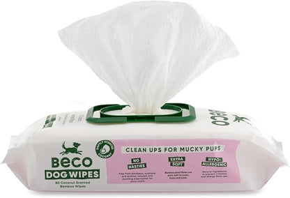 Beco Bamboo Dog Wipes, Thick Grooming Wipes For Easy Pet Cleanup, Home Compostable, 80 Count (Coconut)