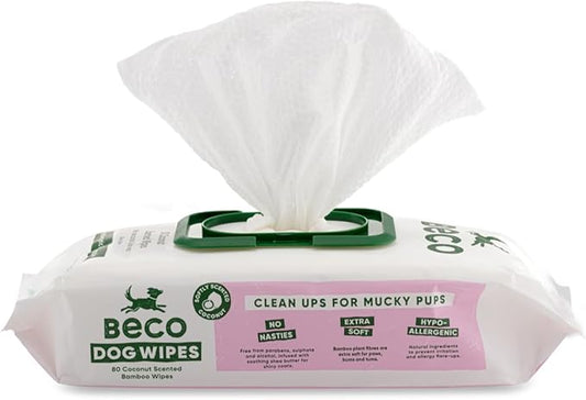 Beco Bamboo Dog Wipes, Thick Grooming Wipes For Easy Pet Cleanup, Home Compostable, 80 Count (Coconut)