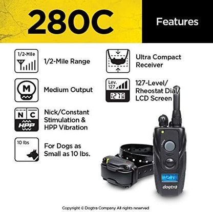 Dogtra 280C Remote Training E-Collar - 1/2 Mile Range - 127 Static Stimulation Levels, Vibration, LCD Screen, Rechargeable, Waterproof, Electric Dog Collar for Obedience Training of Small, Medium Dogs