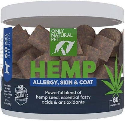 Only Natural Pet Allergy, Skin & Coat Hemp Soft Chews - Allergy Immune Bites for Dogs, Omega 3 Supplement, Hemp Oil - Calming Treats for Itchy Skin Relief, Hot Spot - (60 Count)