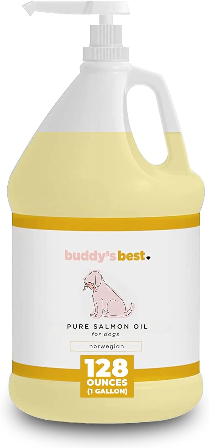 Buddy's Best, Salmon Oil for Dogs - 100% Pure Norwegian Virtually Odorless Fish Oil - Omega-3 Supplements for Dogs & Cats - Promotes Healthy Skin and Coat - Dog Food Oil in Pump Bottle (1 Gallon)