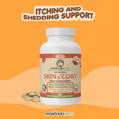 Skin and Coat Supplement with Fish Oil and Omega 3 for Dogs and Cats - Dog Itch Relief Pet Supplement for Shedding, Dry Itchy Skin and Allergies - Dog Allergy Treatment Vitamins (60 Chewable Tablets)