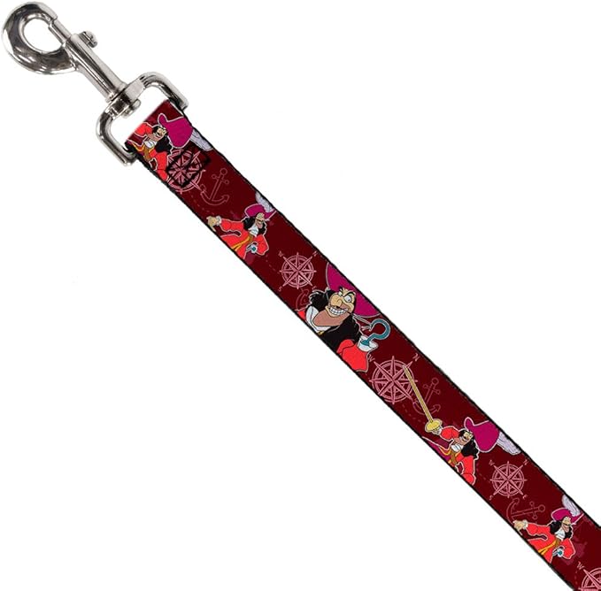 Dog Leash Captain Hook Poses Nautical Elements Burgundy 6 Feet Long 1.5 Inch Wide