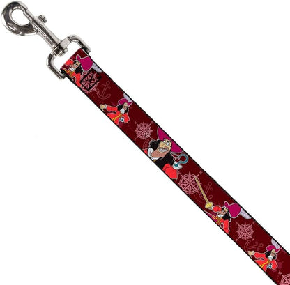 Dog Leash Captain Hook Poses Nautical Elements Burgundy 6 Feet Long 1.5 Inch Wide