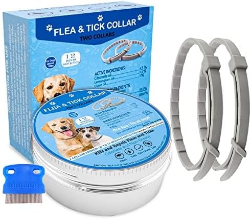 Flea Collar for Dogs - 2 Pack Dog Flea Collar - 12 Months Natural Flea and Tick Prevention for Small, Medium, Large Dogs - Adjustable & Safe - Free Flea Comb