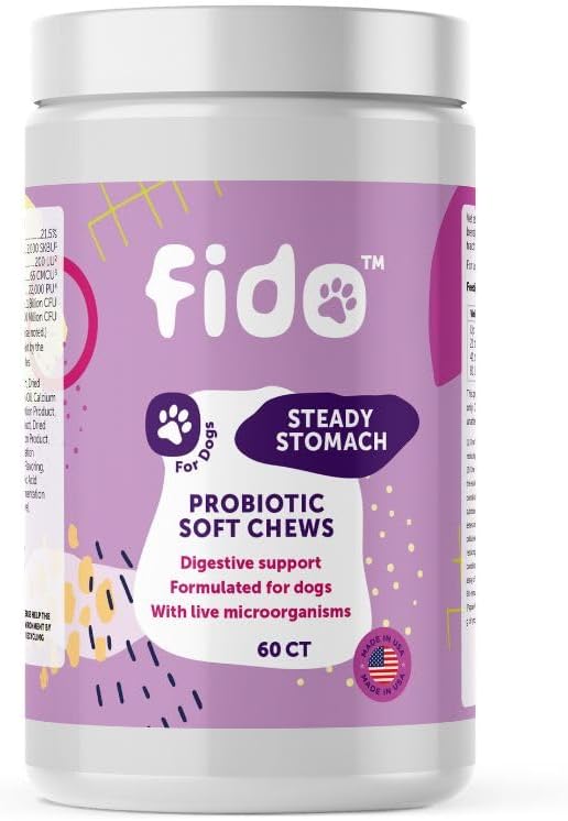 Fido Steady Stomach Probiotic Soft Chews, Chicken Flavor, 60 Chews | Organic Digestive Supplements | Supports Gut Health & Sensitive Stomachs | Veterinarian Approved for All Life Stages