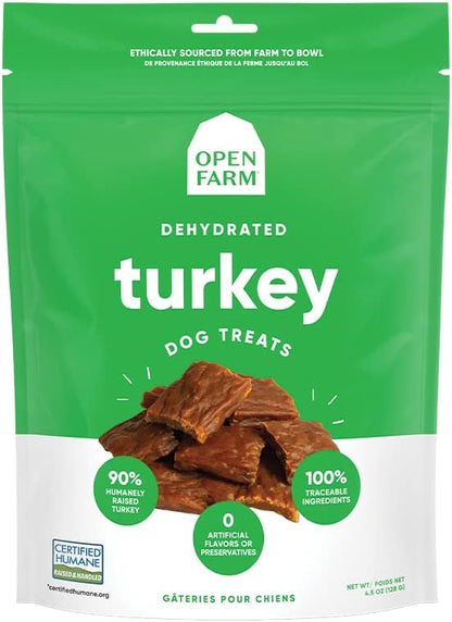 Open Farm Dehydrated Turkey Grain-Free Dog Treats, Gently Cooked Turkey Recipe with Natural Simple Ingredients and No Artificial Flavors or Preservatives, 4.5 oz