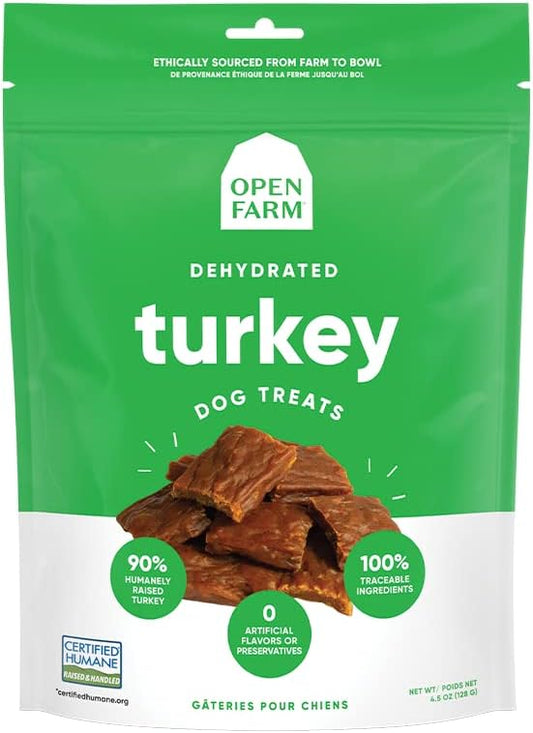 Open Farm Dehydrated Turkey Grain-Free Dog Treats, Gently Cooked Turkey Recipe with Natural Simple Ingredients and No Artificial Flavors or Preservatives, 4.5 oz