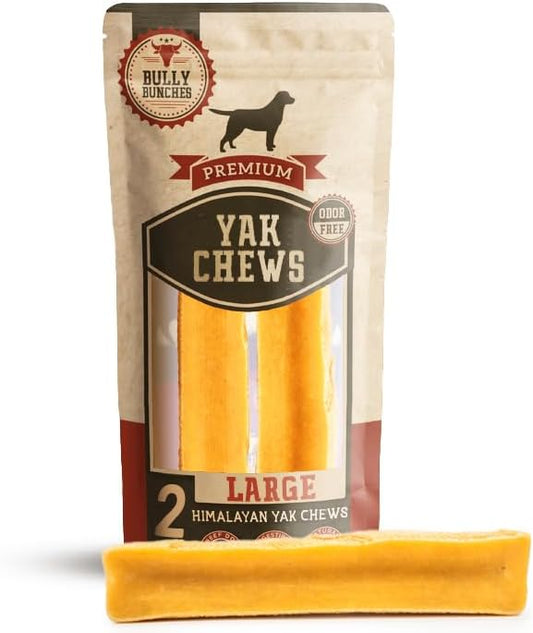 Bully Bunches Large Authentic Yak Cheese Himalayan Chews for Large Dogs & Heavy Chewers - All Natural Dog Treat Dental Chews, Made with Real Yak Milk - Lactose & Rawhide Free (2 Pk)