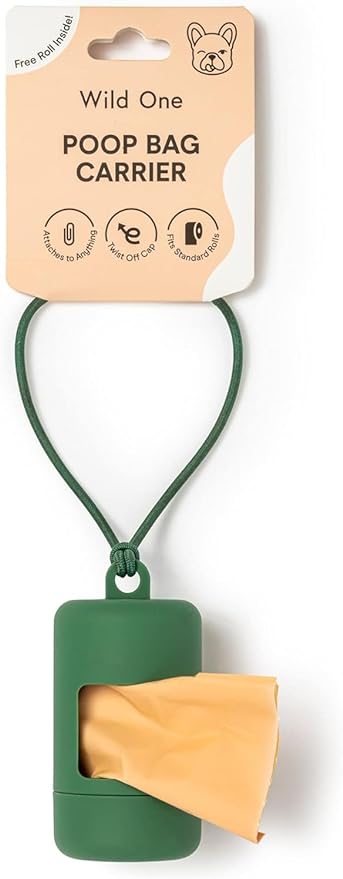Wild One Dog Poop Bag Holder and Dispenser with Leash Attachment, Leak Proof, Easy Twist Top for Refills, Includes 1 Roll Poop Bags, Spruce