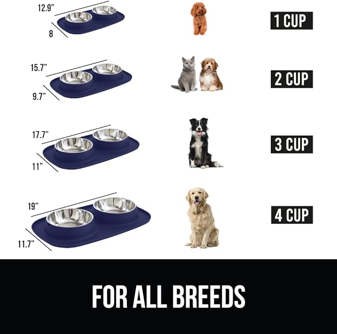 Gorilla Grip 100% Waterproof BPA Free Cat and Dog Bowls Silicone Feeding Mat Set, Stainless Steel Bowl Slip Resistant Raised Edges, Catch Water, Food Mess, No Spills, Pet Accessories, 1 Cup, Navy