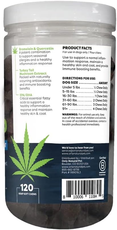 Only Natural Pet Allergy, Skin & Coat Hemp Soft Chews - Allergy Immune Bites for Dogs, Omega 3 Supplement, Hemp Oil - Calming Treats for Itchy Skin Relief, Hot Spot - (120 Count)