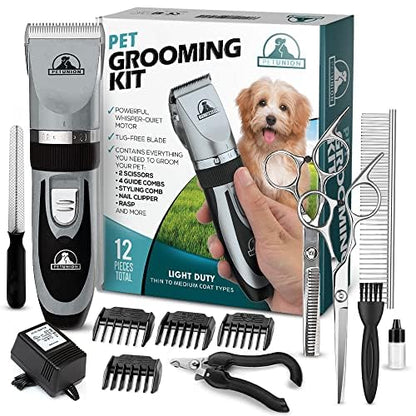 Professional Dog Grooming Kit - Cordless Low Noise Dog Clippers for Grooming Thick Coats - All Pet Safe Cat Hair Trimmer - Pet Grooming Kit Includes Dog Hair Clippers, Nail Trimmer & Shears