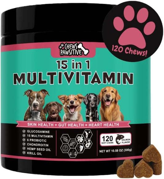 Dog Multivitamins Chewable- 15 in 1 Dog Vitamins Multivitamin for Heart Health - Omega 3 Oil for Skin & Coat, Chondroitin and Glucosamine for Dogs Joint & Mobility, Probiotics - 120ct