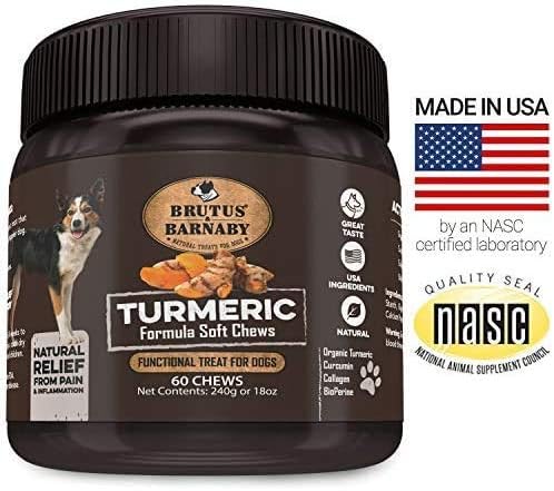 BRUTUS & BARNABY Turmeric for Dogs- Organic Turmeric with Curcumin, Soft Chews with Collagen and Bioprene Provides Hip and Joint Support Reduces Inflammation from Arthritis