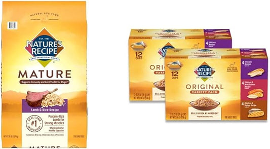 Nature's Recipe Mature Lamb & Rice 24 Pounds Dry Dog Food + Chicken Recipes Variety Pack 2.75 Ounce (Pack of 24) Wet Dog Food Bundle