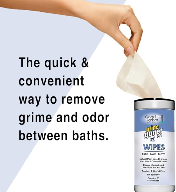 Urine Gone Pet Ears, Paws & Butt Cleaning & Moisturizing Wipes for Dogs & Cats - 70 Thick Grooming Wipes