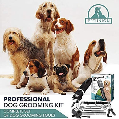 Pet Union Professional Dog Grooming Kit - Cordless Low Noise Dog Clippers for Grooming Thick Coats - All Pet Safe Cat Hair Trimmer - Pet Grooming Kit includes Dog Hair Clippers, Nail Trimmer & Shears