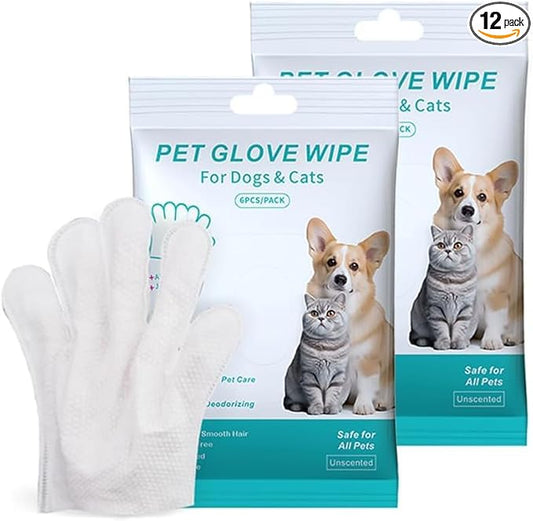 （12PCS）Cleaning Glove for Dog and Cat, Wipes Gloves for Dog and Cat Fur Face, Ear, Eye, Paws Cleaning Wipes Pet Wash Free Gloves, Grooming Wipes for Pet No Rinse Thick Dog Wipes Gloves