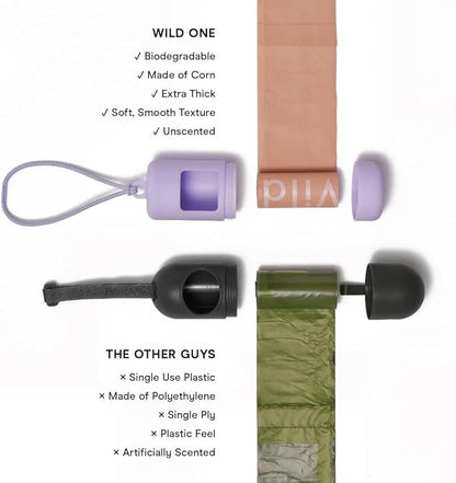 Wild One Dog Poop Bag Holder and Dispenser with Leash Attachment, Leak Proof, Easy Twist Top for Refills, Includes 1 Box Poop Bags, Lilac