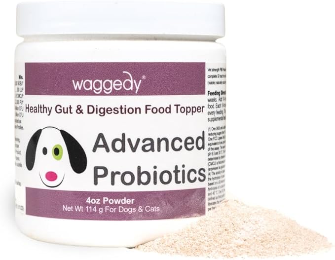 waggedy Advanced Probiotics Gut & Digestion Food Topper — Digestive Enzymes w/Papaya — Probiotic Powder — Cat & Dog Supplement Powder — Products for Dogs & Cats Over 6 Weeks (114g)