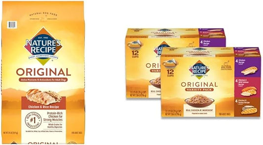 Nature's Recipe Adult Chicken & Rice 24 Pounds Dry Dog Food + Chicken Recipes Variety Pack 2.75 Ounce (Pack of 24) Wet Dog Food Bundle