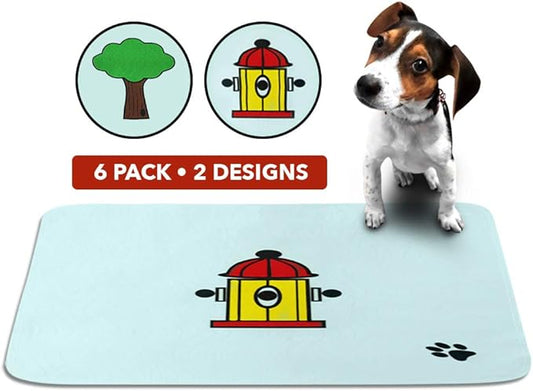 Cute Washable Puppy Pee Pads | 6 Pack Fire Hydrant, Tree Designs | Large Super Absorbent Wee Wee Potty Mats | Dog Housebreaking, Pet Crate Training | Multi-Purpose Reusable Eco-Friendly | Whelping
