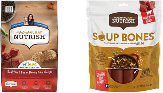 Nutrish Rachael Ray Beef, Pea & Brown Rice 28 Pounds Dry Dog Food + Beef Recipe 11 Count Soup Bones Bundle