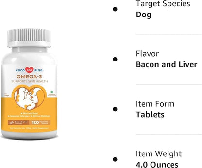 Omega 3 for Dogs - Fish Oil for Dogs Skin and Coat - 120 Chewable Tablets - Omega 3 6 9, EPA & DHA Fatty Acids for Dog Shedding, Dry Skin & Heart Support