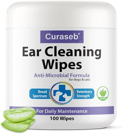 Curaseb Cat and Dog Ear Wipes – Cleans, Deodorizes and Soothes Ear Issues with Soothing Aloe Vera – Vet Strength – 100 Wipes
