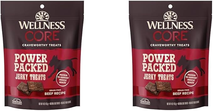 Wellness CORE Power Packed Dog Treats (Previously Pure Rewards), Grain-Free Tender Jerky Treats, Made in USA (Beef Recipe, 4-Ounce Bag) (Pack of 2)