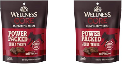 Wellness CORE Power Packed Dog Treats (Previously Pure Rewards), Grain-Free Tender Jerky Treats, Made in USA (Beef Recipe, 4-Ounce Bag) (Pack of 2)