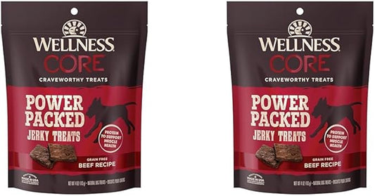 Wellness CORE Power Packed Dog Treats (Previously Pure Rewards), Grain-Free Tender Jerky Treats, Made in USA (Beef Recipe, 4-Ounce Bag) (Pack of 2)