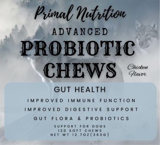 Primal Nutrition Probiotics for Dogs - Digestive Enzymes for Gut Flora, Digestive Health, Diarrhea & Bowel Support - Dog Supplement Soft Chew for Pet Immune System - Chicken