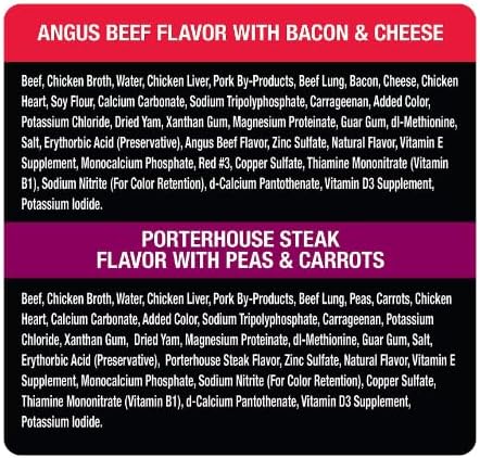 Cesar Soft Wet Dog Food Loaf & Topper in Sauce Angus Beef Flavor with Bacon & Cheese and Porterhouse Steak Flavor with Peas & Carrots Variety Pack, (6) 3.5 oz. Easy Peel Trays with a Mouse Toy