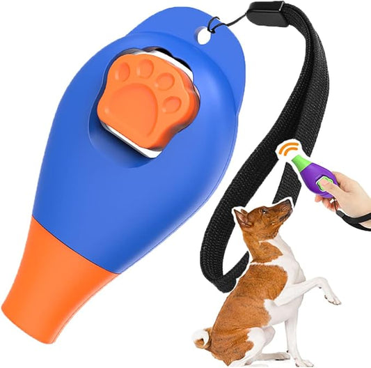 Dog Training Clicker with Whistle and Wrist Strap - Positive Behavior Reinforcer for Pets - All Ages, Puppy and Adult Dogs - Use to Reward and Train - Dog Whistle Included (Blue)