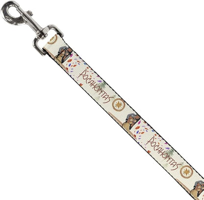 Dog Leash Pocahontas and Meeko Compass Pose with Script and Leaves Beige 6 Feet Long 0.5 Inch Wide