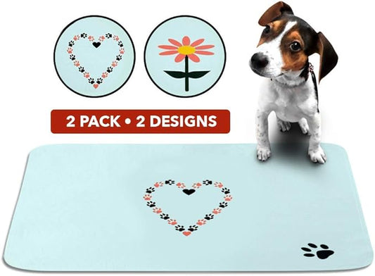 Cute Washable Puppy Pee Pads | 2 Pack Flower, Heart Designs | Large Super Absorbent Wee Potty Mats | Dog Housebreaking, Pet Crate Training | Multi-Purpose Reusable Eco-Friendly