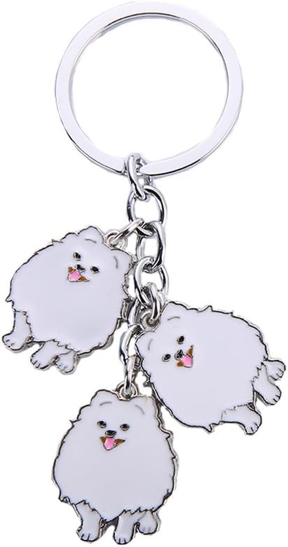 Dog Keychain, Pet Pendant Key-Ring, Cute Puppy ID Tags Metal Key Ring for Dog Lover (Pomeranian White)