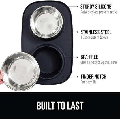 Gorilla Grip 100% Waterproof BPA Free Cat and Dog Bowls Silicone Feeding Mat Set, Stainless Steel Bowl Slip Resistant Raised Edges, Catch Water, Food Mess, No Spills, Pet Accessories, 3 Cup, Black