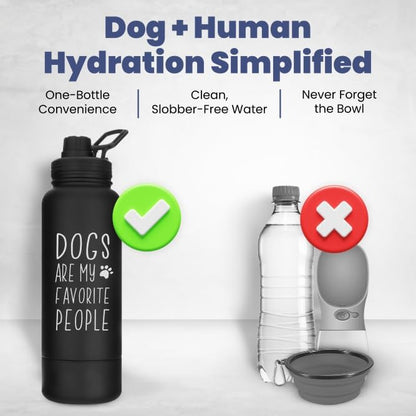 Dog Water Bottle for Dog Lovers - 32 oz Stainless Steel Double Wall Insulated Water Bottle with 8 oz Attached Dog Bowl - Best Dog Mom Gifts for Women - “Dogs are My Favorite People” - Black