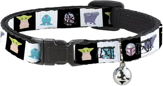 Star Wars Cat Collar, Breakaway Collar with Bell, Star Wars Mandalorian 4 Character Pose Blocks, 8.5 to 12 Inches 0.5 Inch Wide
