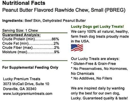 Lucky Premium Treats, Peanut Butter Basted Rawhide, Small Dog Treats, 60 Chews, Gluten Free, 0.15 lbs