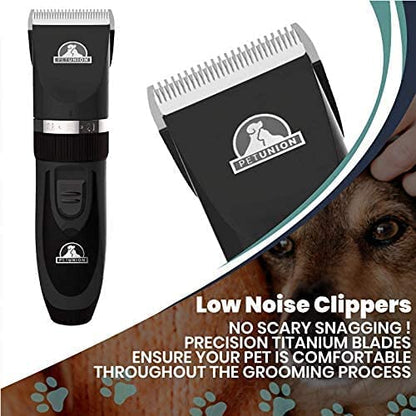 Pet Union Professional Dog Grooming Kit - Cordless Low Noise Dog Clippers for Grooming Thick Coats - All Pet Safe Cat Hair Trimmer - Pet Grooming Kit includes Dog Hair Clippers, Nail Trimmer & Shears