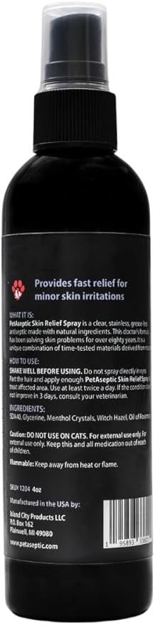 Skin Relief Spray for Dogs | Relieves Dry Itchy Skin, Hot Spots, Dandruff, Allergy Dermatitis, & Skin Rashes | Clear, Stainless, & Greaseless | Provides Fast, Temporary Relief | 4oz Spray