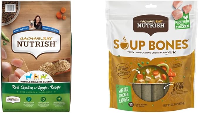 Nutrish Rachael Ray Chicken & Veggies 40 Pounds Dry Dog Food (Packaging May Vary) + Chicken Recipe 11 Count Soup Bones Bundle