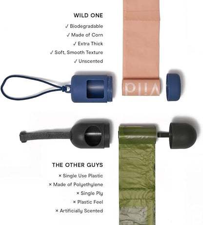 Wild One Dog Poop Bag Holder and Dispenser with Leash Attachment, Leak Proof, Easy Twist Top for Refills, Includes 1 Box Poop Bags, Navy
